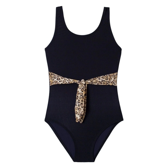 PQ Girls Leopard Belted Bow One Piece In Black - Picture 1 of 9